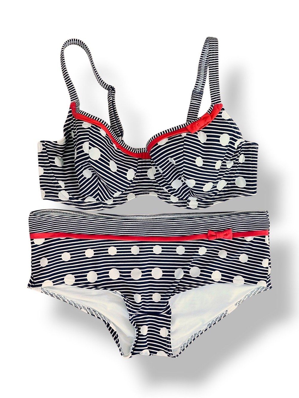 Freya Bikini Set 36DD Top Medium Bottoms Navy White Stripe Polka Dot Underwire